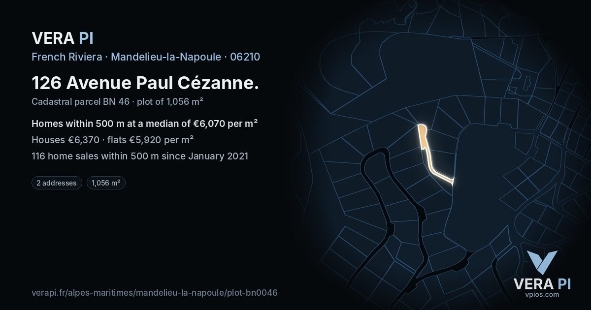126 Avenue Paul Cézanne, Mandelieu-la-Napoule at night – the plot lit, the parcels around coloured by the prices near them