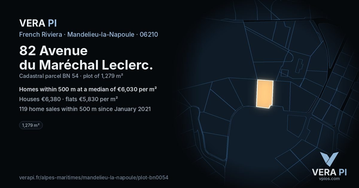 82 Avenue du Maréchal Leclerc, Mandelieu-la-Napoule at night – the plot lit, the parcels around coloured by the prices near them