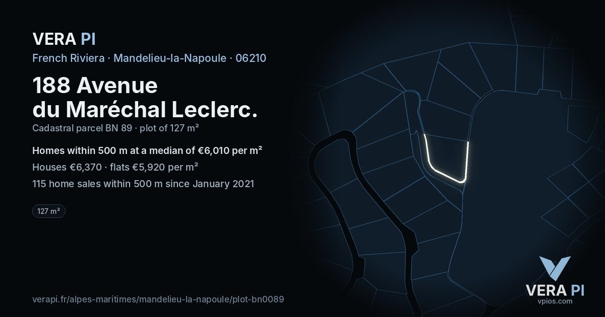 188 Avenue du Maréchal Leclerc, Mandelieu-la-Napoule at night – the plot lit, the parcels around coloured by the prices near them