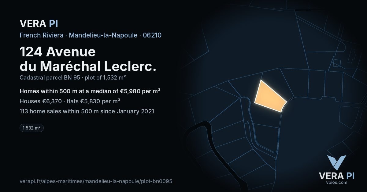 124 Avenue du Maréchal Leclerc, Mandelieu-la-Napoule at night – the plot lit, the parcels around coloured by the prices near them