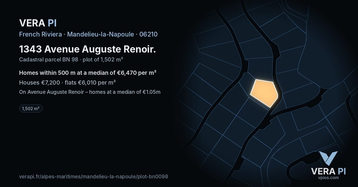 1343 Avenue Auguste Renoir, Mandelieu-la-Napoule at night – the plot lit, the parcels around coloured by the prices near them