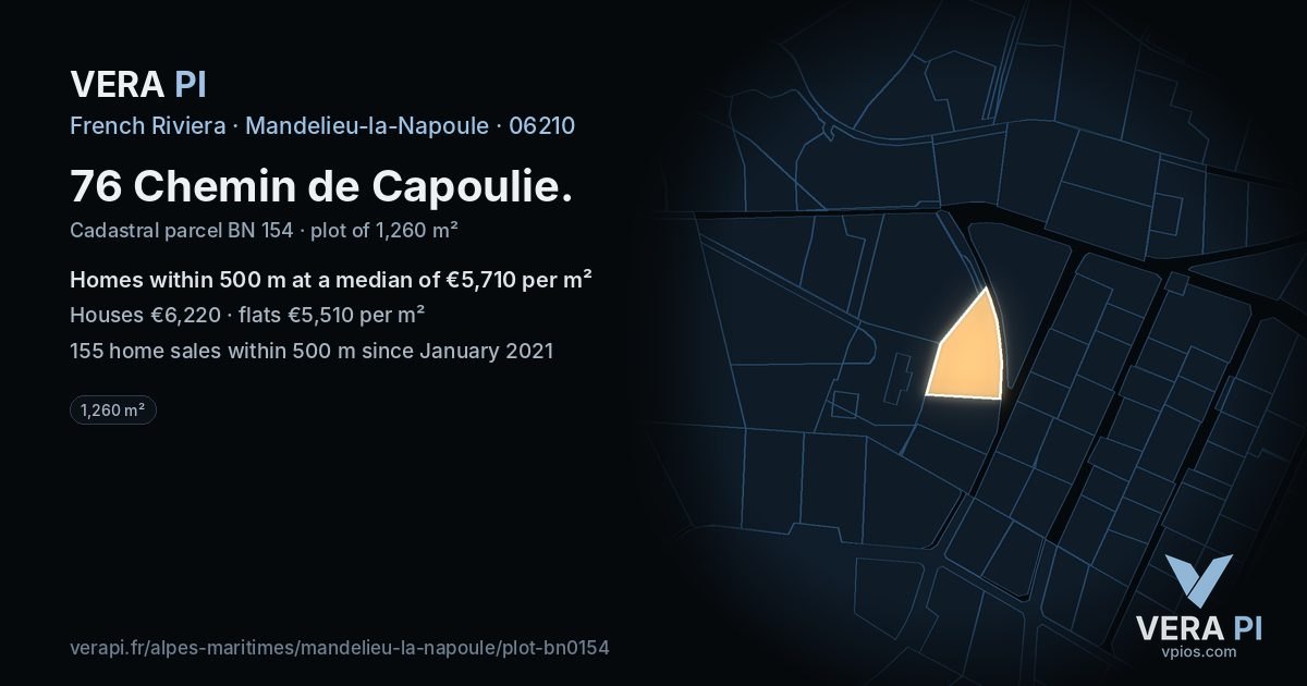 76 Chemin de Capoulie, Mandelieu-la-Napoule at night – the plot lit, the parcels around coloured by the prices near them