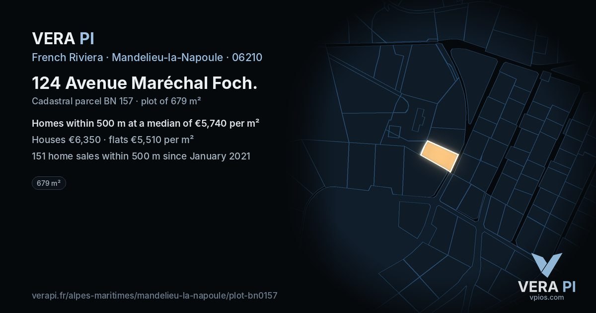 124 Avenue Maréchal Foch, Mandelieu-la-Napoule at night – the plot lit, the parcels around coloured by the prices near them