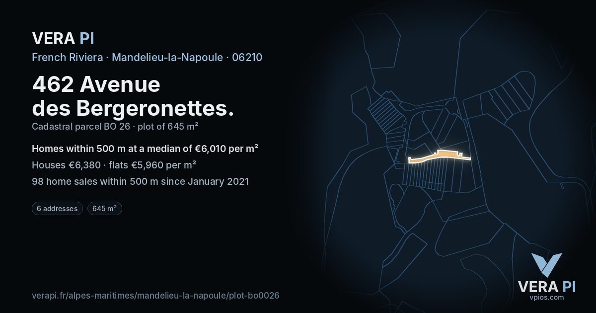 462 Avenue des Bergeronettes, Mandelieu-la-Napoule at night – the plot lit, the parcels around coloured by the prices near them
