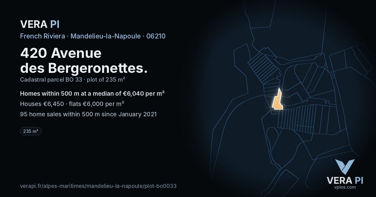 420 Avenue des Bergeronettes, Mandelieu-la-Napoule at night – the plot lit, the parcels around coloured by the prices near them