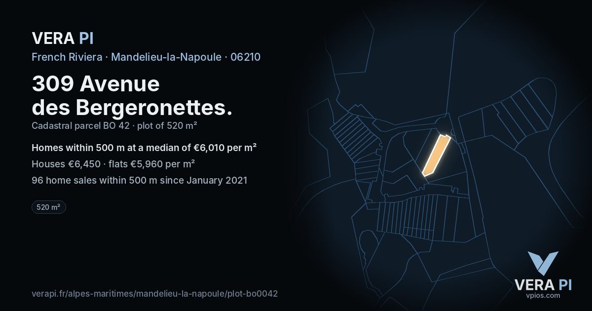 309 Avenue des Bergeronettes, Mandelieu-la-Napoule at night – the plot lit, the parcels around coloured by the prices near them