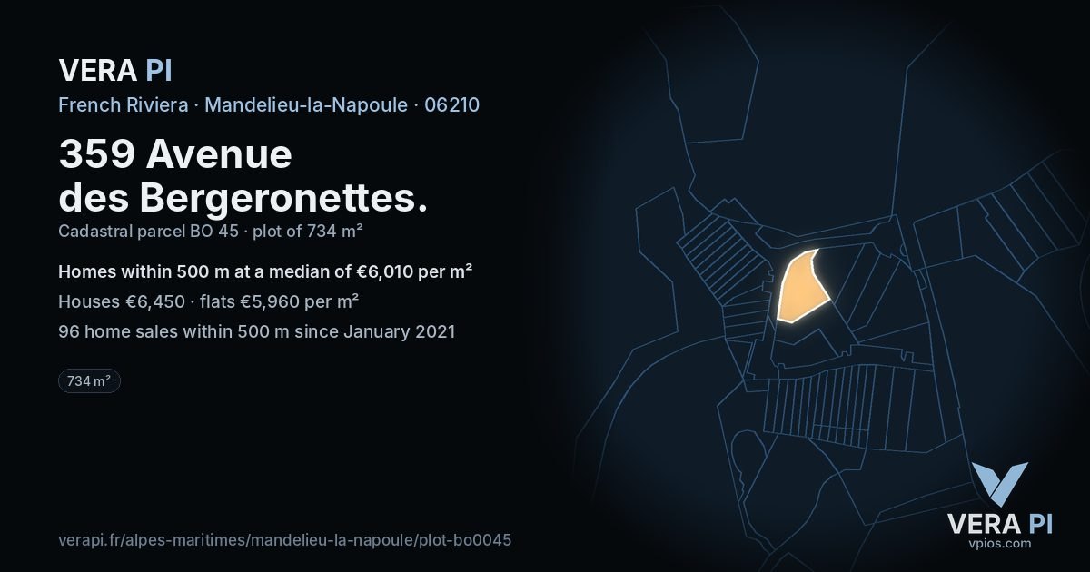 359 Avenue des Bergeronettes, Mandelieu-la-Napoule at night – the plot lit, the parcels around coloured by the prices near them