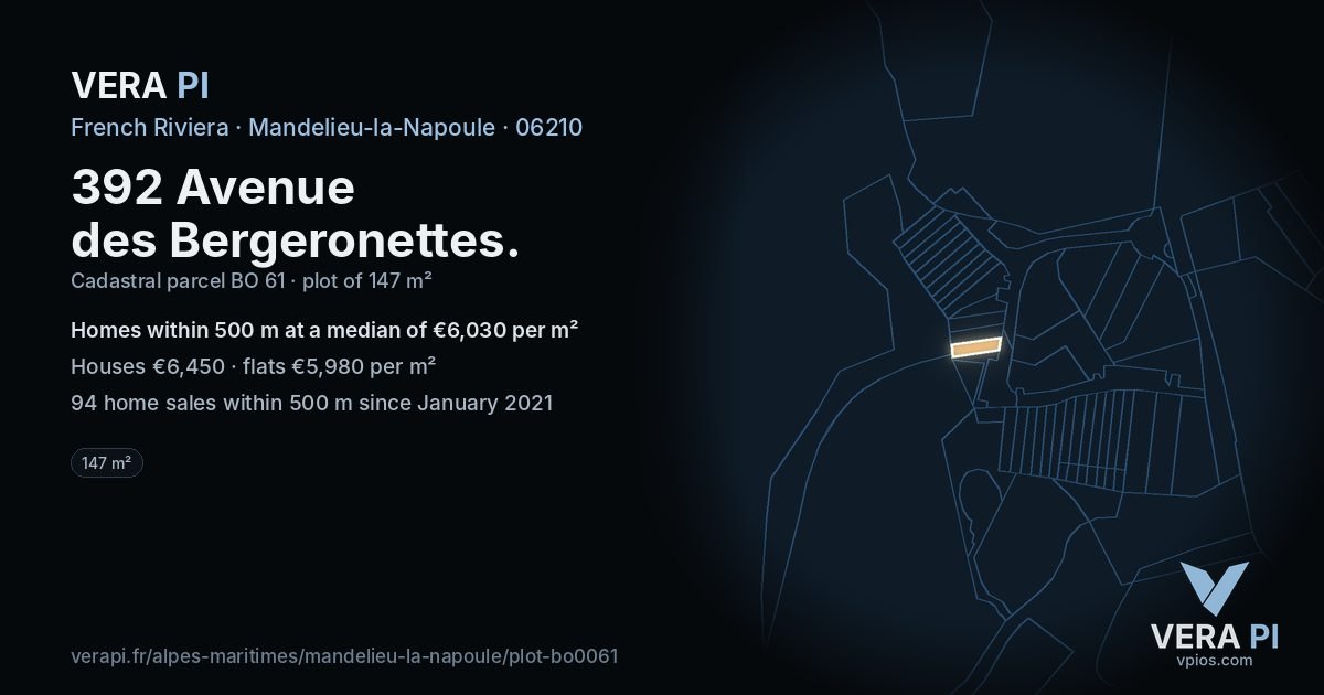 392 Avenue des Bergeronettes, Mandelieu-la-Napoule at night – the plot lit, the parcels around coloured by the prices near them