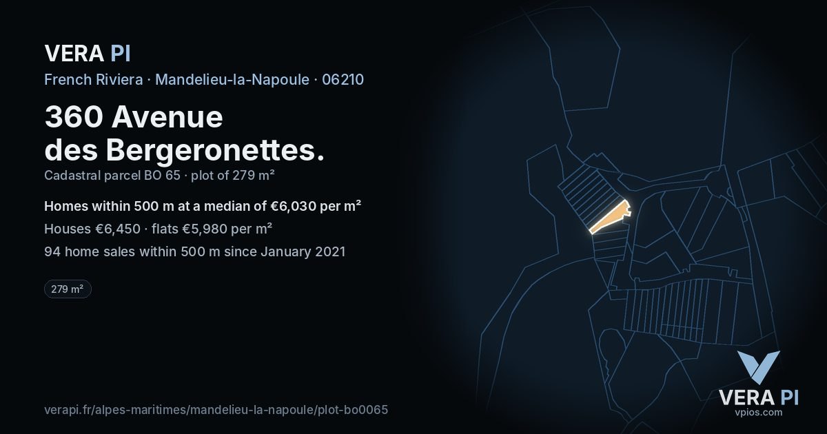 360 Avenue des Bergeronettes, Mandelieu-la-Napoule at night – the plot lit, the parcels around coloured by the prices near them