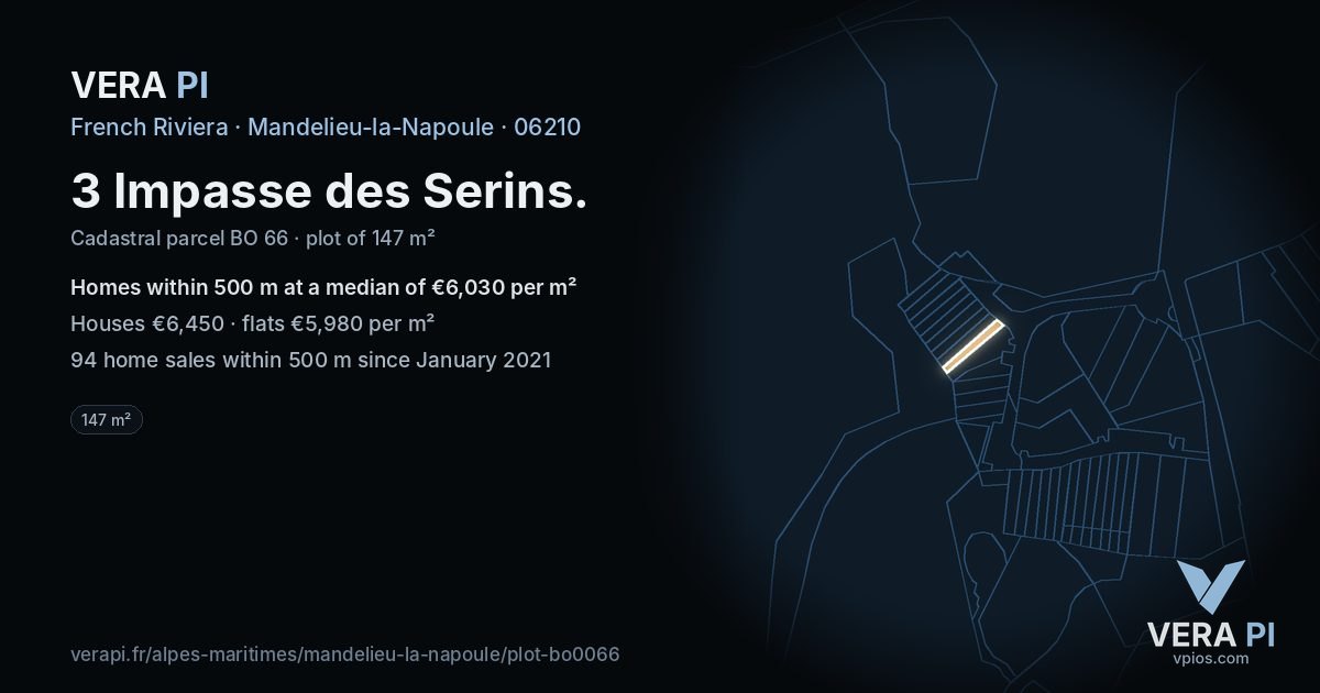 3 Impasse des Serins, Mandelieu-la-Napoule at night – the plot lit, the parcels around coloured by the prices near them