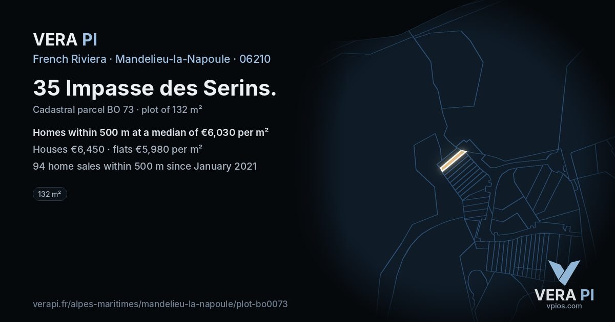 35 Impasse des Serins, Mandelieu-la-Napoule at night – the plot lit, the parcels around coloured by the prices near them