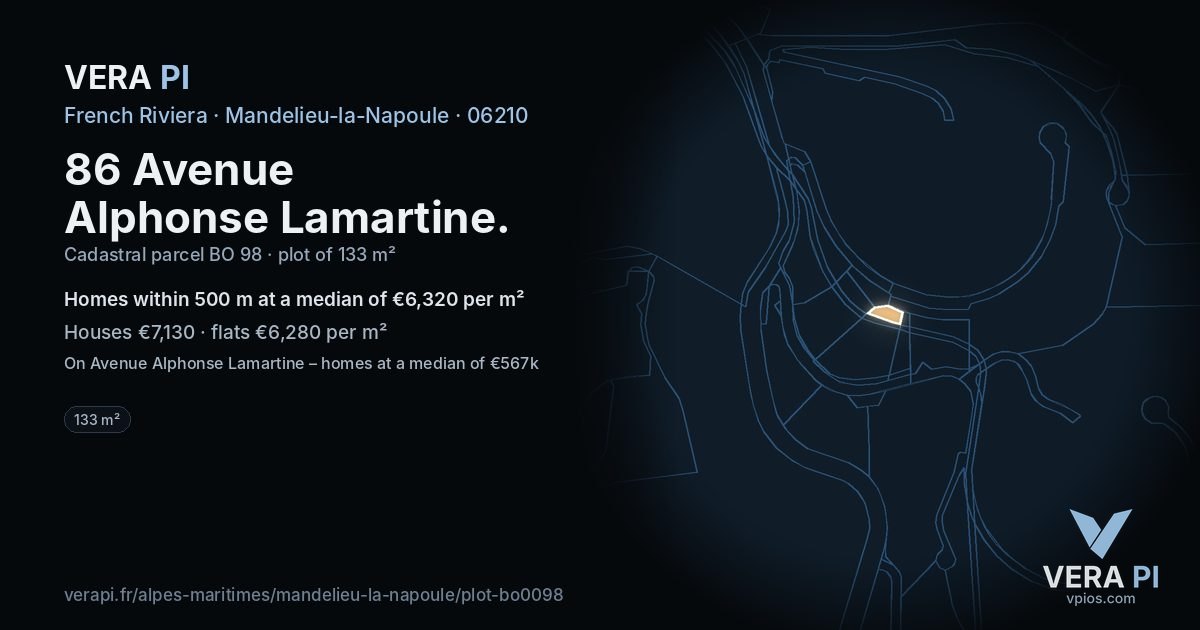 86 Avenue Alphonse Lamartine, Mandelieu-la-Napoule at night – the plot lit, the parcels around coloured by the prices near them