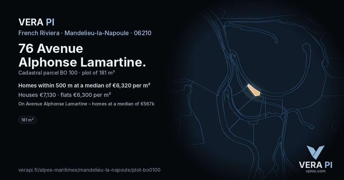 76 Avenue Alphonse Lamartine, Mandelieu-la-Napoule at night – the plot lit, the parcels around coloured by the prices near them