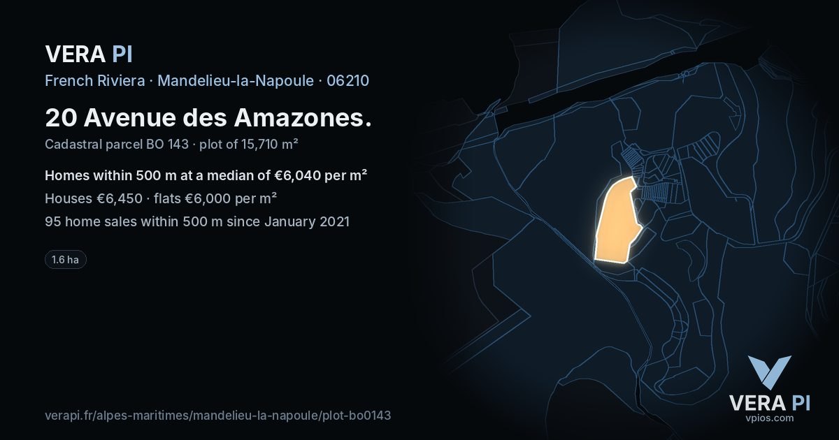20 Avenue des Amazones, Mandelieu-la-Napoule at night – the plot lit, the parcels around coloured by the prices near them