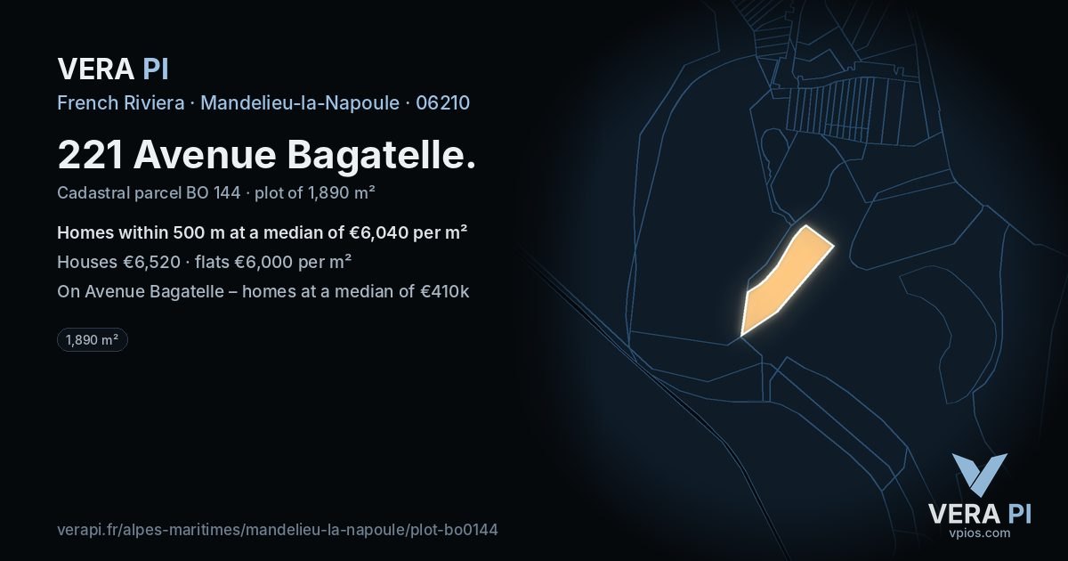 221 Avenue Bagatelle, Mandelieu-la-Napoule at night – the plot lit, the parcels around coloured by the prices near them