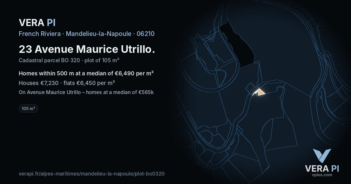 23 Avenue Maurice Utrillo, Mandelieu-la-Napoule at night – the plot lit, the parcels around coloured by the prices near them
