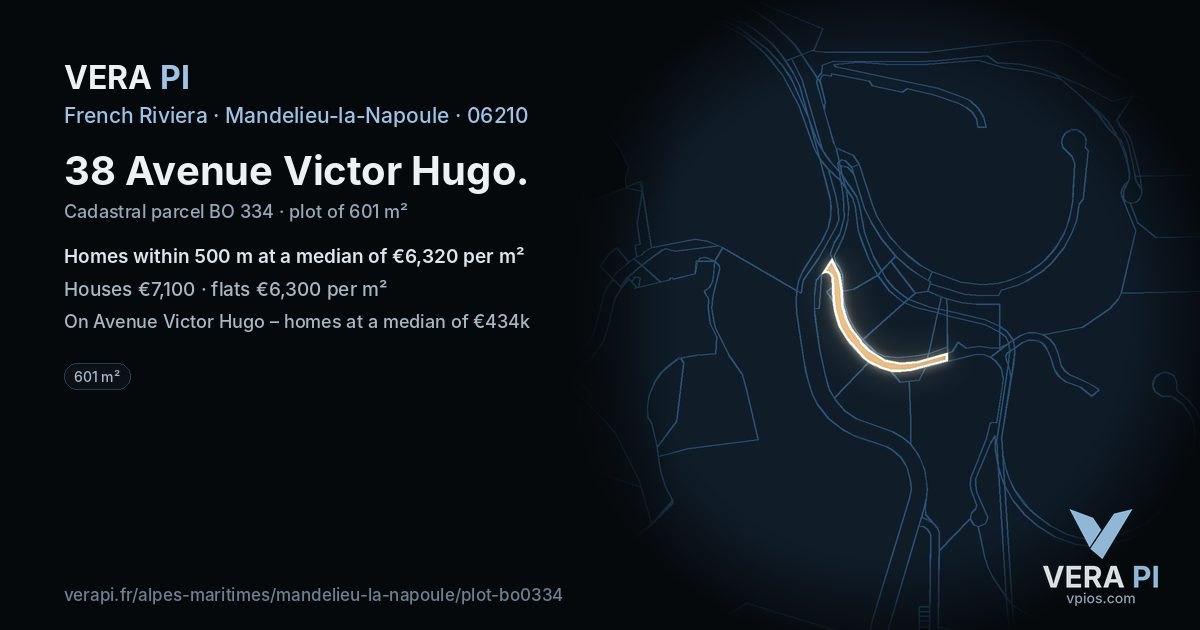 38 Avenue Victor Hugo, Mandelieu-la-Napoule at night – the plot lit, the parcels around coloured by the prices near them