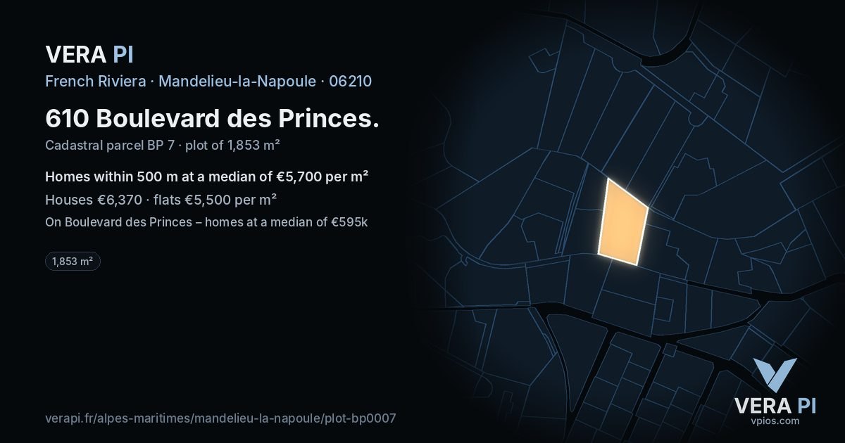 610 Boulevard des Princes, Mandelieu-la-Napoule at night – the plot lit, the parcels around coloured by the prices near them