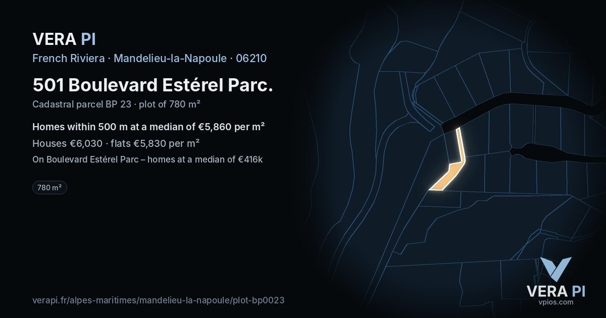 501 Boulevard Estérel Parc, Mandelieu-la-Napoule at night – the plot lit, the parcels around coloured by the prices near them