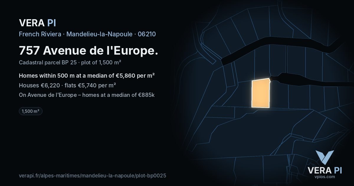 757 Avenue de l'Europe, Mandelieu-la-Napoule at night – the plot lit, the parcels around coloured by the prices near them