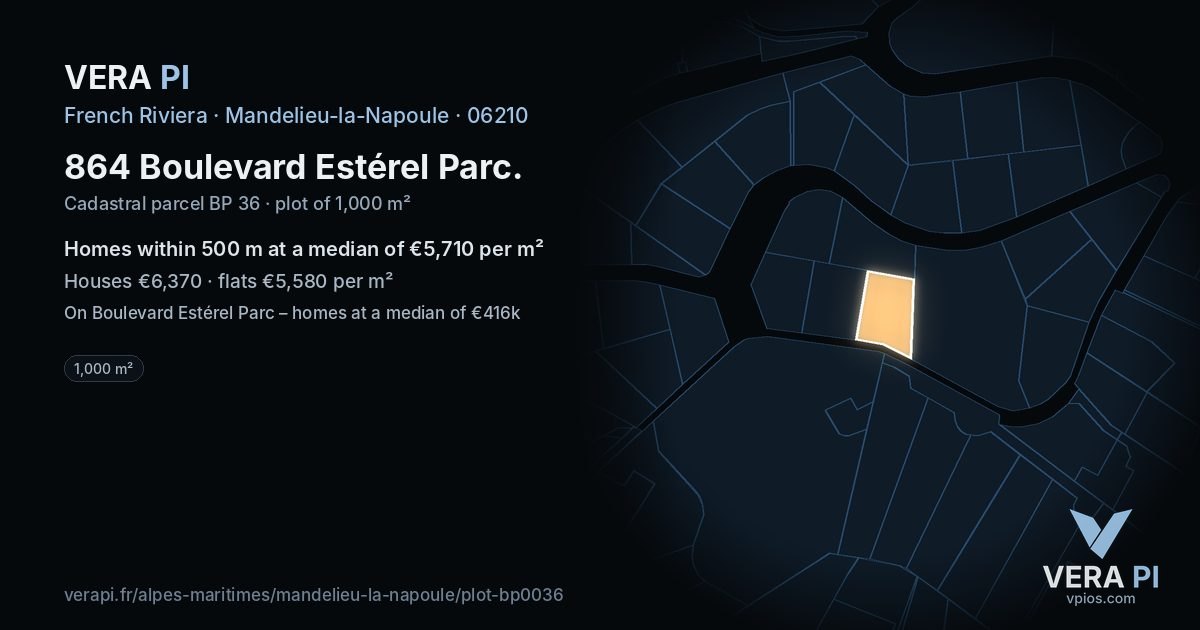 864 Boulevard Estérel Parc, Mandelieu-la-Napoule at night – the plot lit, the parcels around coloured by the prices near them