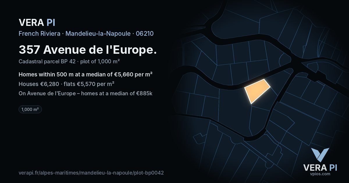 357 Avenue de l'Europe, Mandelieu-la-Napoule at night – the plot lit, the parcels around coloured by the prices near them