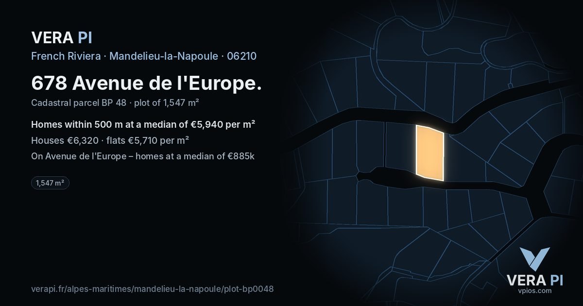 678 Avenue de l'Europe, Mandelieu-la-Napoule at night – the plot lit, the parcels around coloured by the prices near them