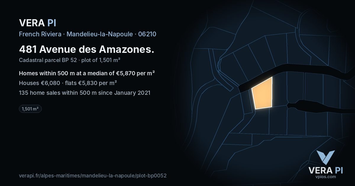 481 Avenue des Amazones, Mandelieu-la-Napoule at night – the plot lit, the parcels around coloured by the prices near them