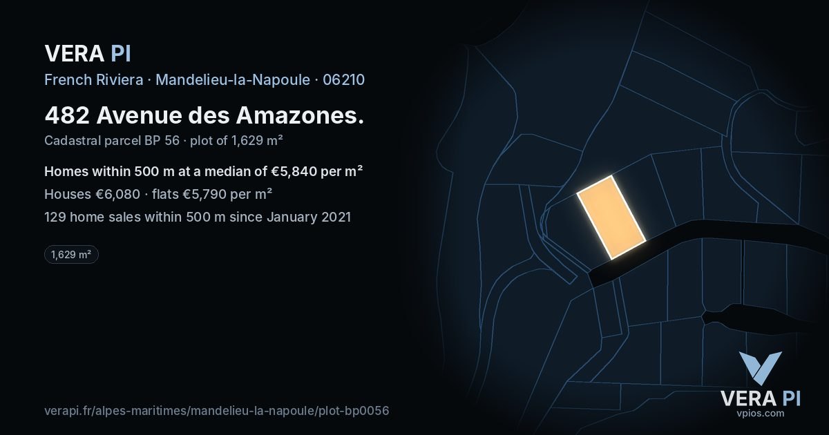 482 Avenue des Amazones, Mandelieu-la-Napoule at night – the plot lit, the parcels around coloured by the prices near them