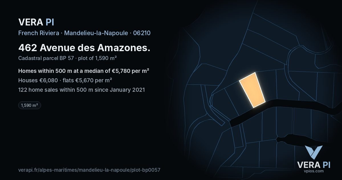 462 Avenue des Amazones, Mandelieu-la-Napoule at night – the plot lit, the parcels around coloured by the prices near them