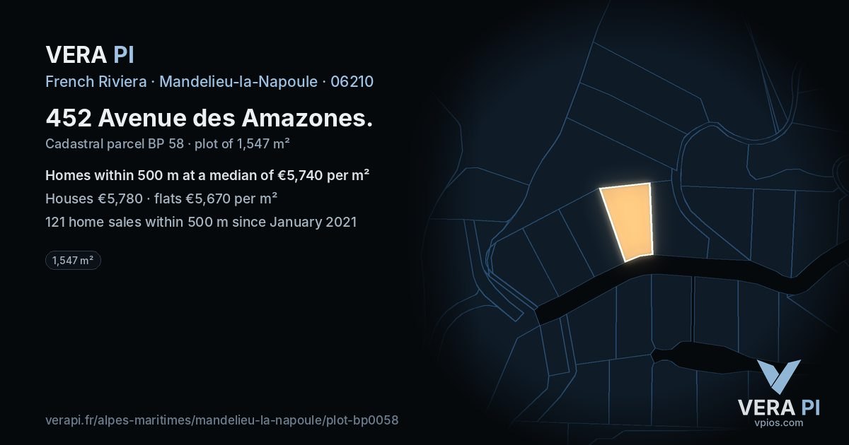 452 Avenue des Amazones, Mandelieu-la-Napoule at night – the plot lit, the parcels around coloured by the prices near them