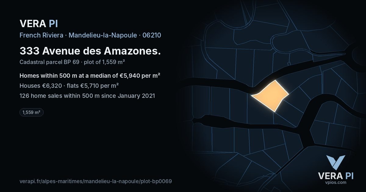 333 Avenue des Amazones, Mandelieu-la-Napoule at night – the plot lit, the parcels around coloured by the prices near them