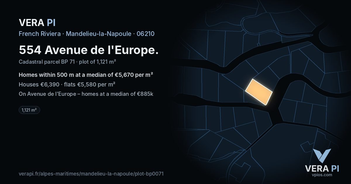 554 Avenue de l'Europe, Mandelieu-la-Napoule at night – the plot lit, the parcels around coloured by the prices near them
