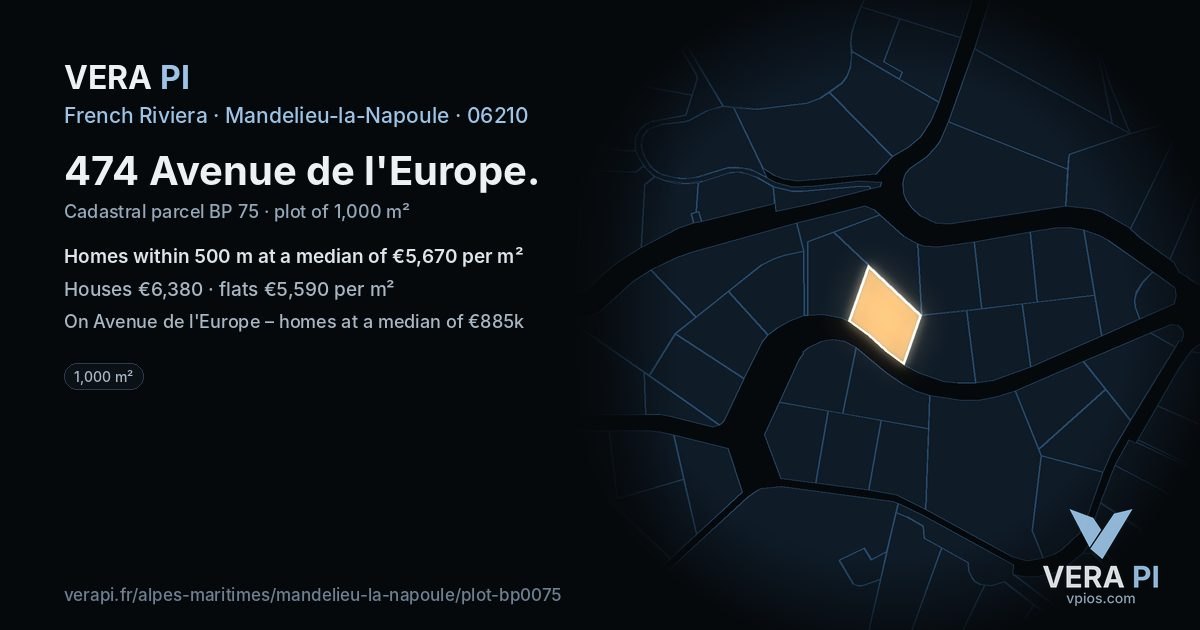 474 Avenue de l'Europe, Mandelieu-la-Napoule at night – the plot lit, the parcels around coloured by the prices near them
