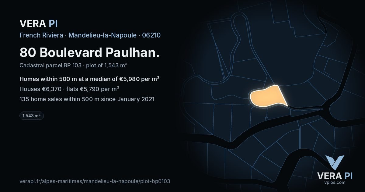 80 Boulevard Paulhan, Mandelieu-la-Napoule at night – the plot lit, the parcels around coloured by the prices near them