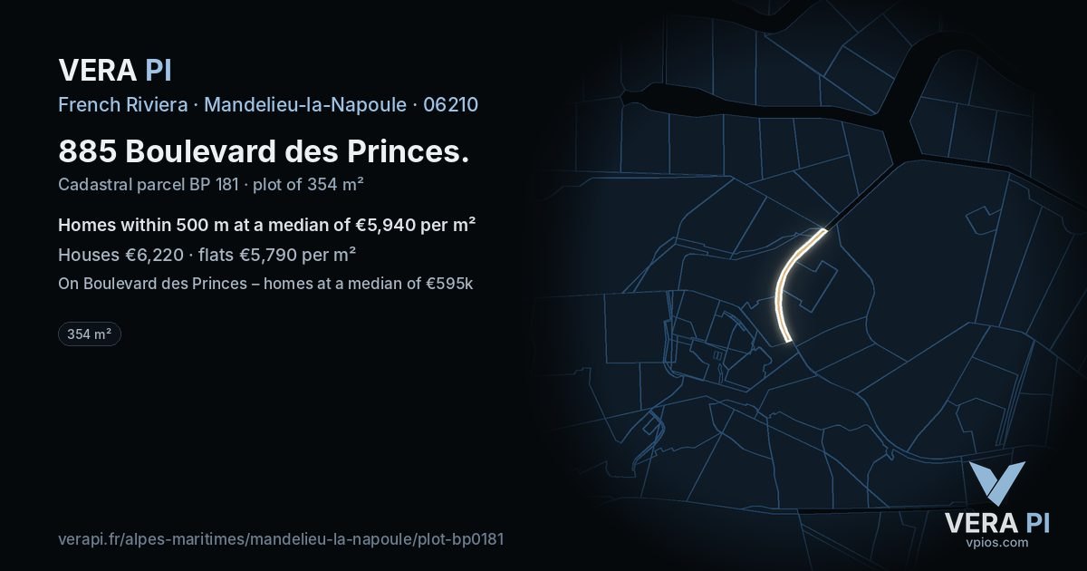 885 Boulevard des Princes, Mandelieu-la-Napoule at night – the plot lit, the parcels around coloured by the prices near them
