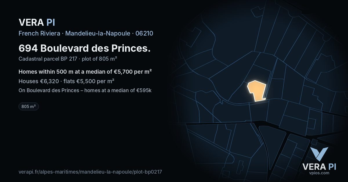 694 Boulevard des Princes, Mandelieu-la-Napoule at night – the plot lit, the parcels around coloured by the prices near them