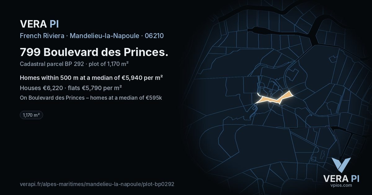 799 Boulevard des Princes, Mandelieu-la-Napoule at night – the plot lit, the parcels around coloured by the prices near them