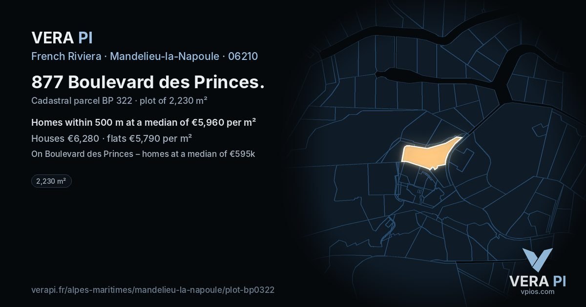 877 Boulevard des Princes, Mandelieu-la-Napoule at night – the plot lit, the parcels around coloured by the prices near them