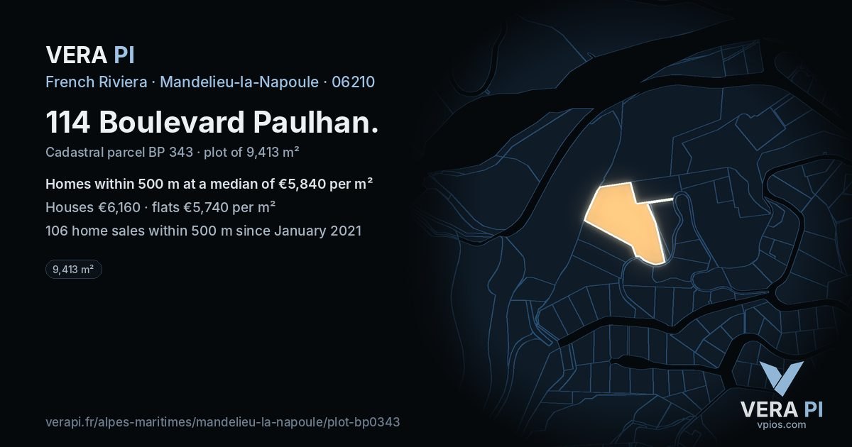 114 Boulevard Paulhan, Mandelieu-la-Napoule at night – the plot lit, the parcels around coloured by the prices near them