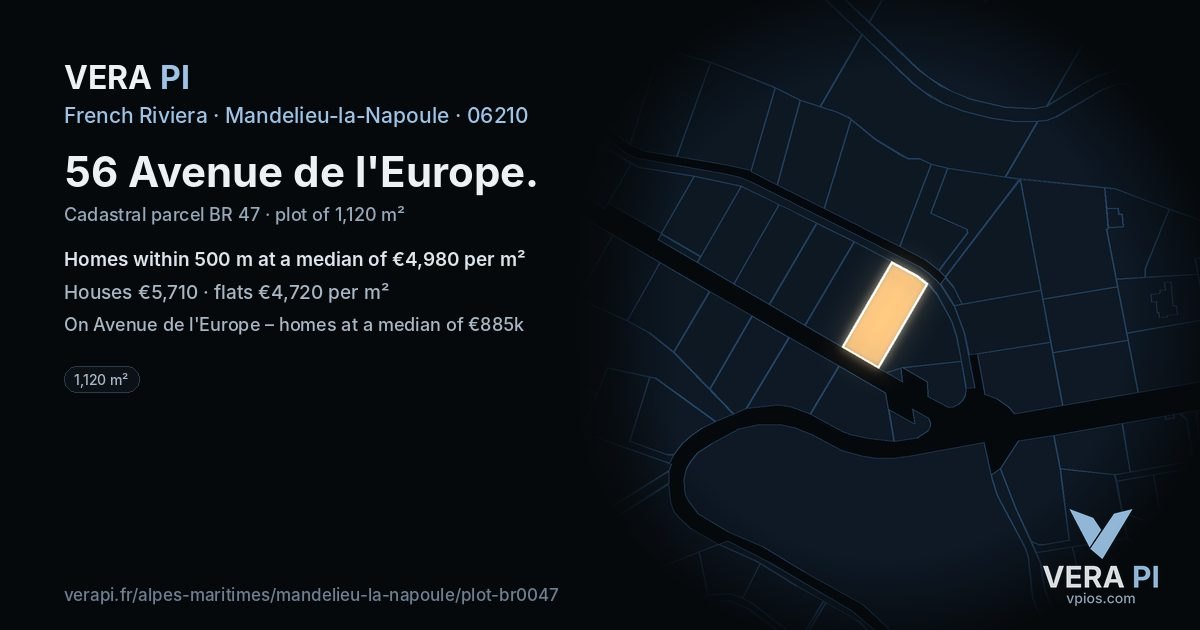 56 Avenue de l'Europe, Mandelieu-la-Napoule at night – the plot lit, the parcels around coloured by the prices near them