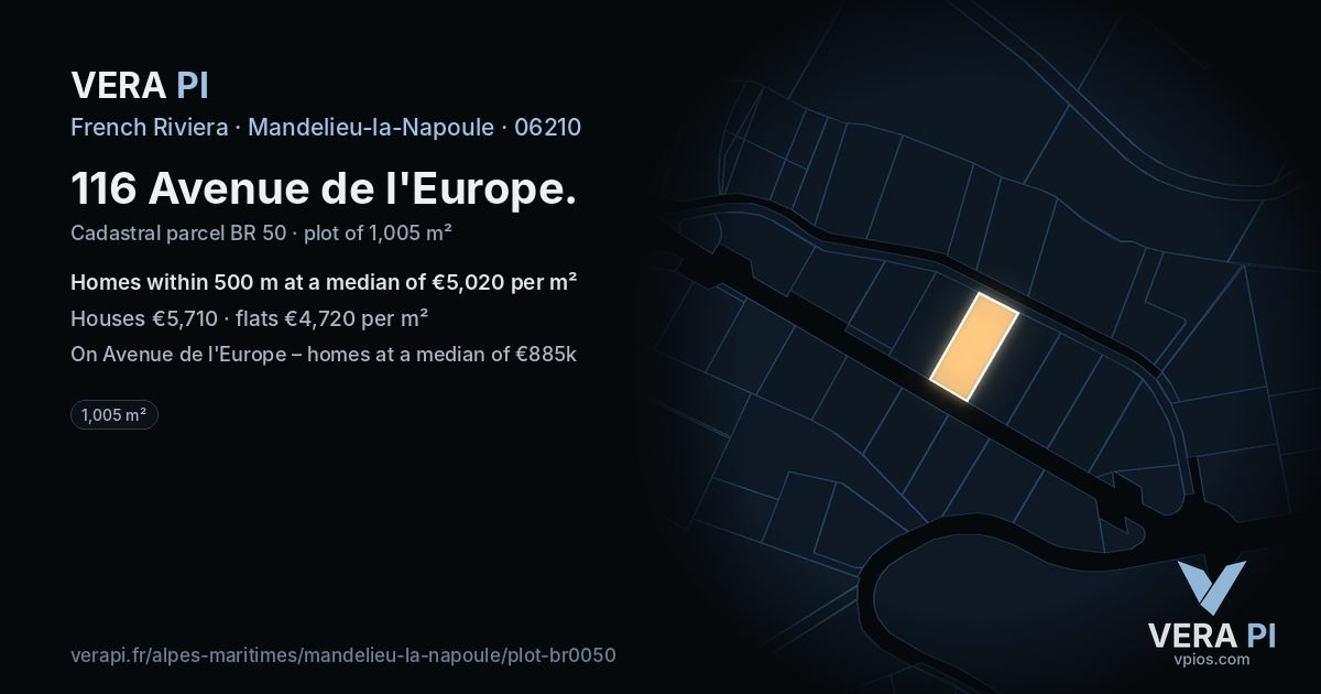 116 Avenue de l'Europe, Mandelieu-la-Napoule at night – the plot lit, the parcels around coloured by the prices near them