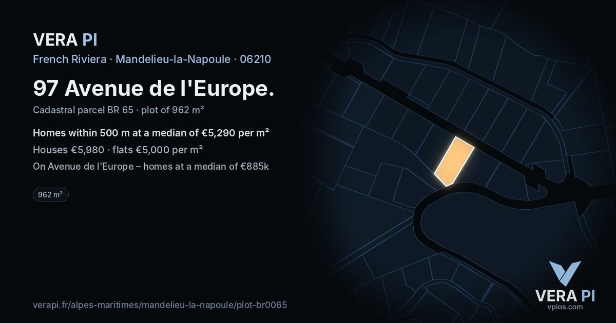 97 Avenue de l'Europe, Mandelieu-la-Napoule at night – the plot lit, the parcels around coloured by the prices near them