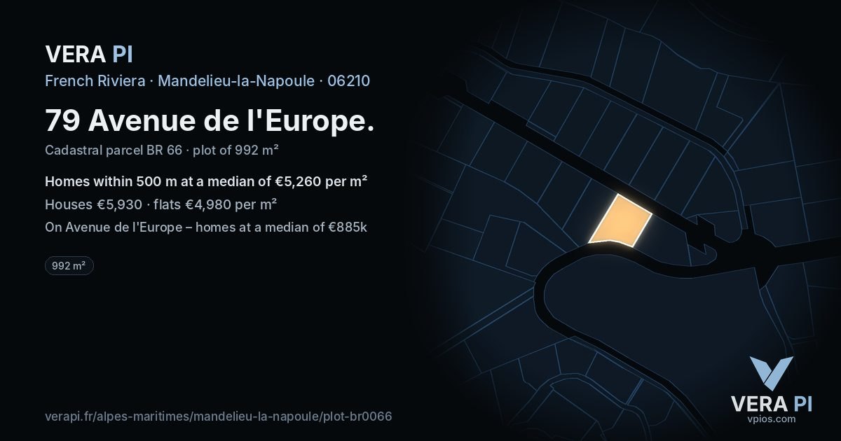 79 Avenue de l'Europe, Mandelieu-la-Napoule at night – the plot lit, the parcels around coloured by the prices near them