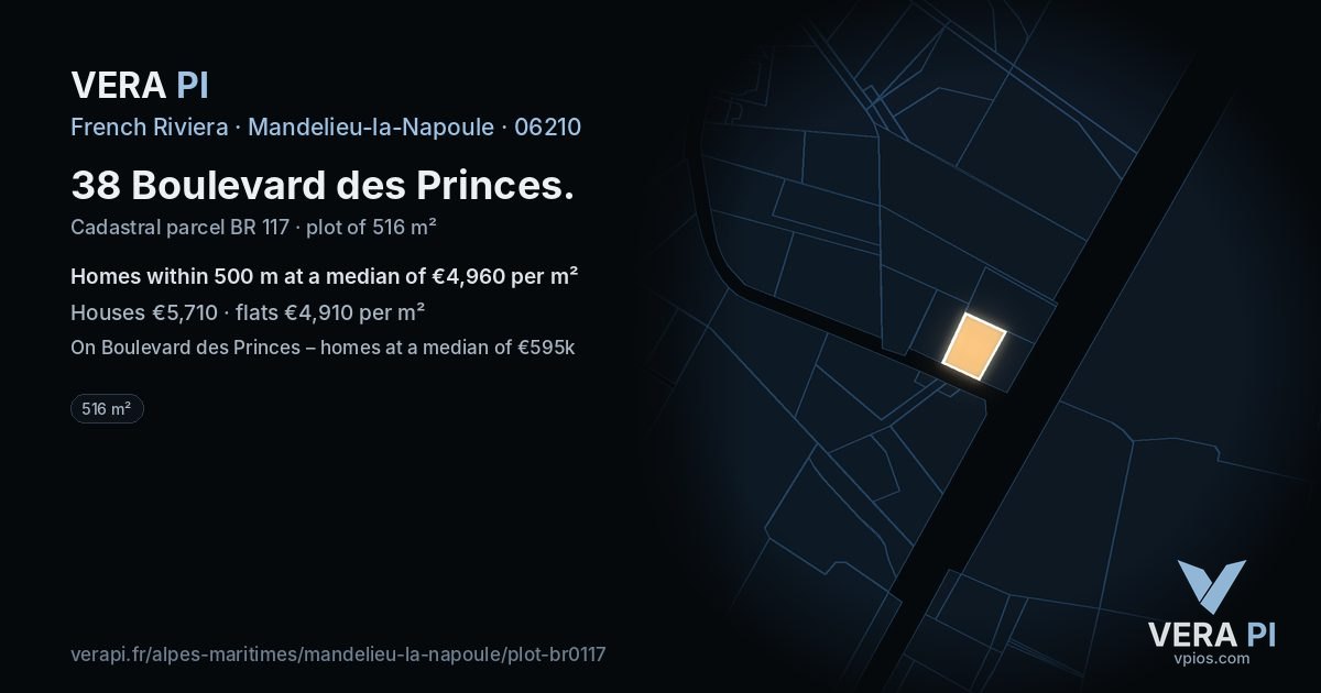 38 Boulevard des Princes, Mandelieu-la-Napoule at night – the plot lit, the parcels around coloured by the prices near them