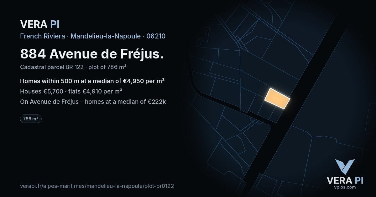 884 Avenue de Fréjus, Mandelieu-la-Napoule at night – the plot lit, the parcels around coloured by the prices near them