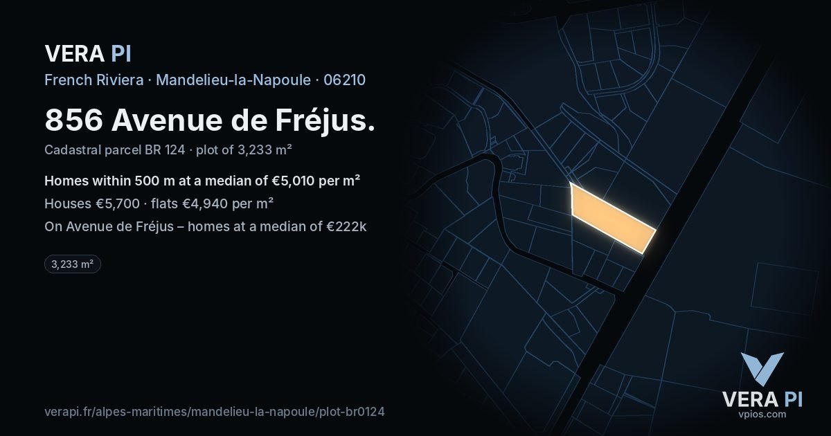 856 Avenue de Fréjus, Mandelieu-la-Napoule at night – the plot lit, the parcels around coloured by the prices near them