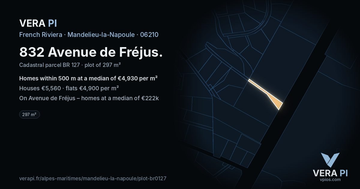 832 Avenue de Fréjus, Mandelieu-la-Napoule at night – the plot lit, the parcels around coloured by the prices near them