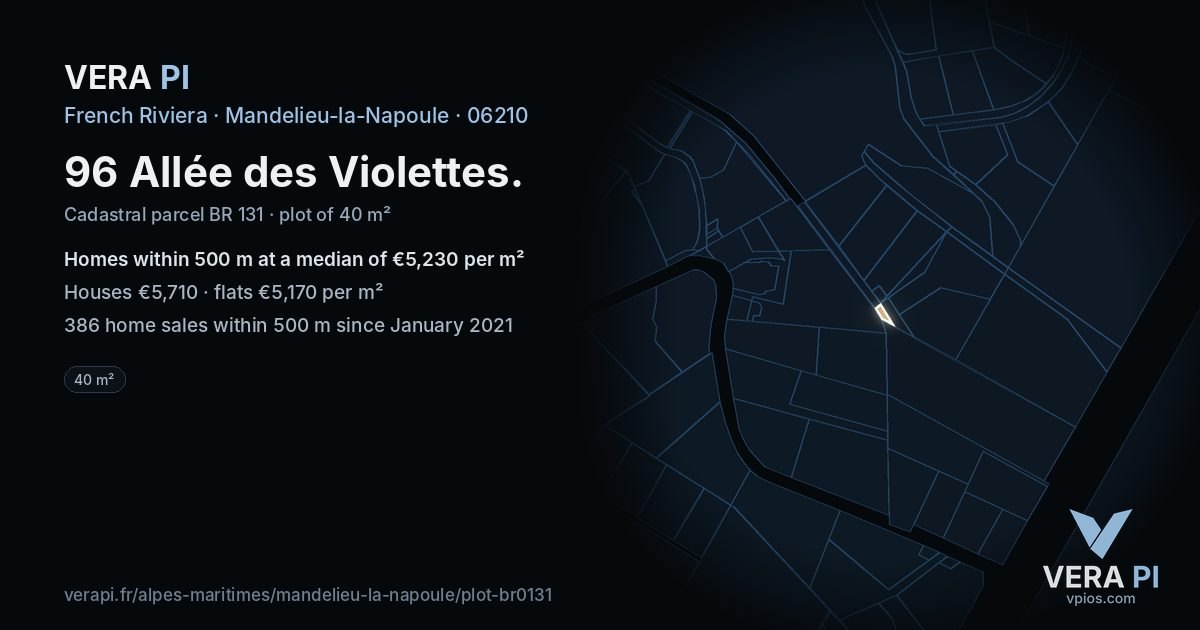 96 Allée des Violettes, Mandelieu-la-Napoule at night – the plot lit, the parcels around coloured by the prices near them