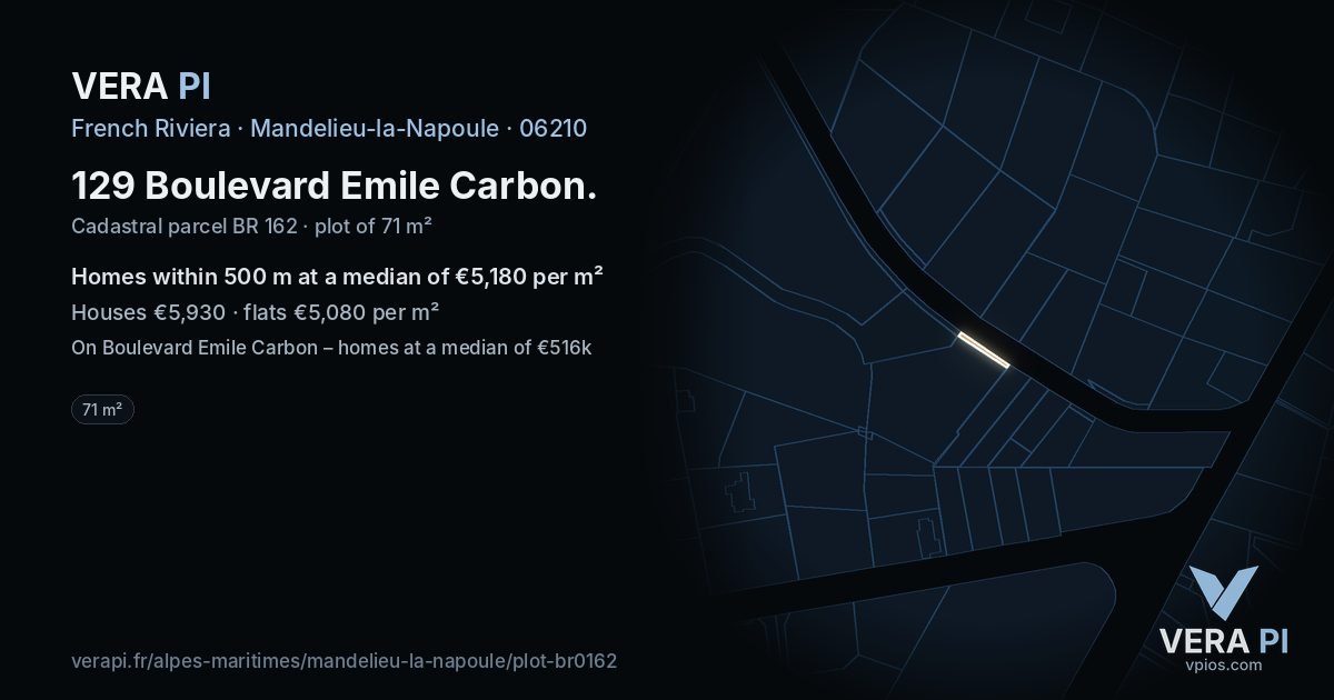 129 Boulevard Emile Carbon, Mandelieu-la-Napoule at night – the plot lit, the parcels around coloured by the prices near them